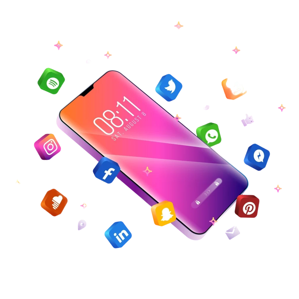 purple themed mobile phone surrounded by colorful apps (1)